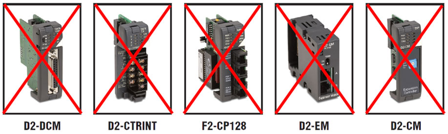 следующие коммуникационные модули и модули расширения не поддерживаются процессорами Do-more серии H2!